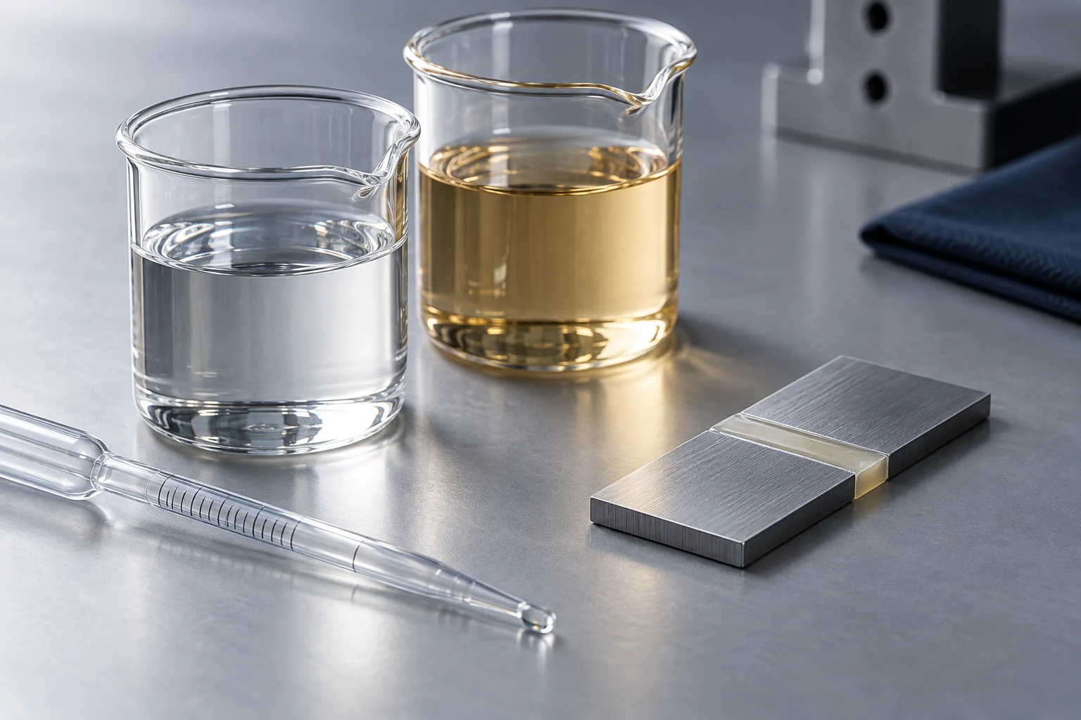 Application illustration of liquid formulation ingredients and a bonded test specimen